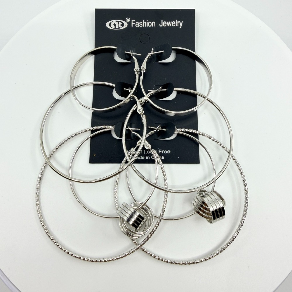 VTG Silver Tone Chunky Hoop Earrings Set - 3 Pairs, Textured Statement